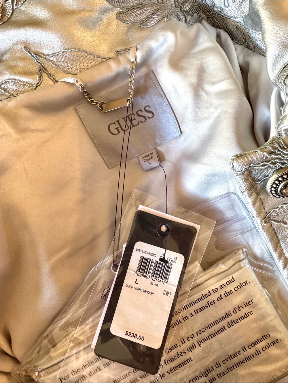 NWT Guess Clelia embroidered metallic silver trucker jacket - Picture 11 of 16